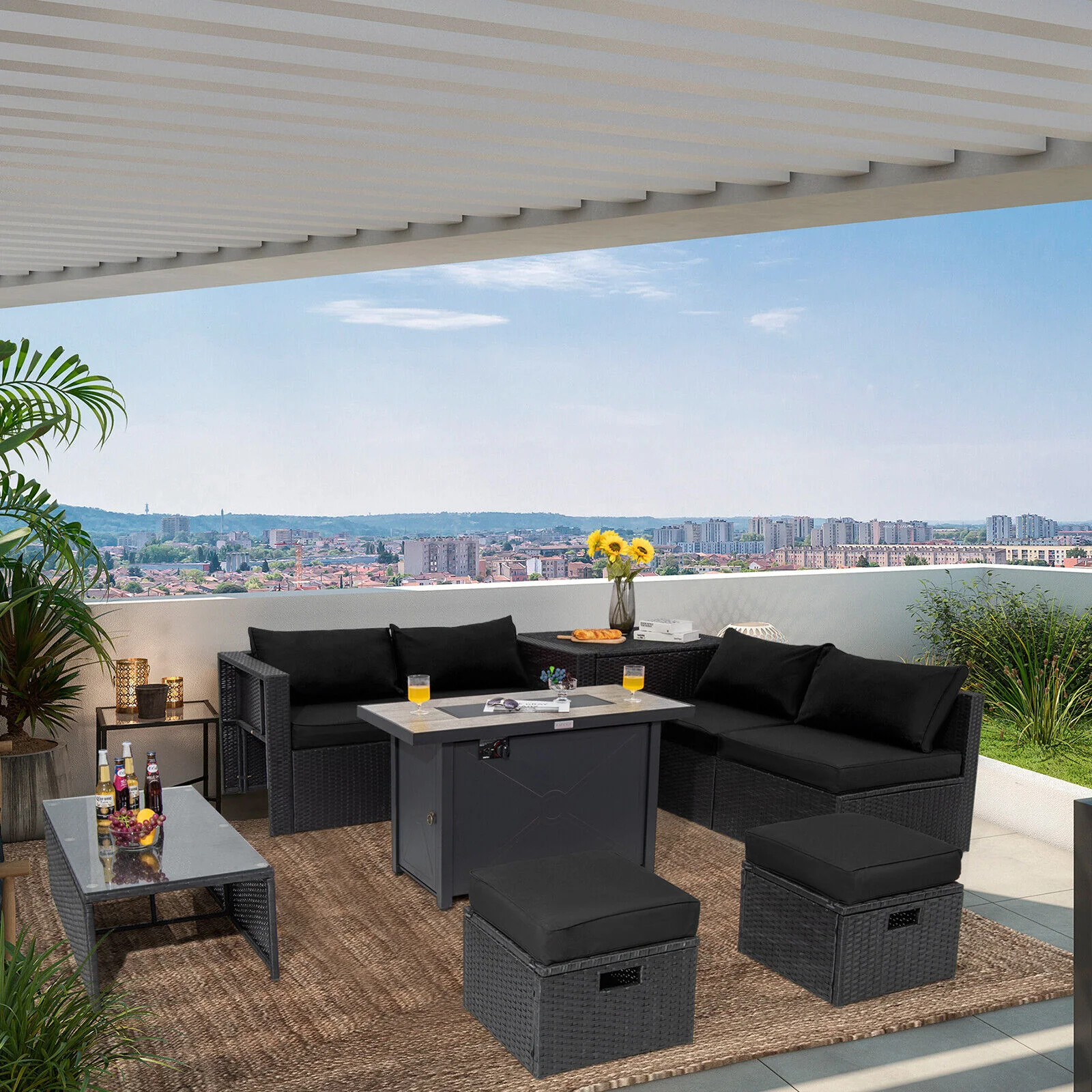 Great Choice Products 9Pcs Patio Rattan Furniture Set Space Saving 42” Fire Pit Table Cover Black