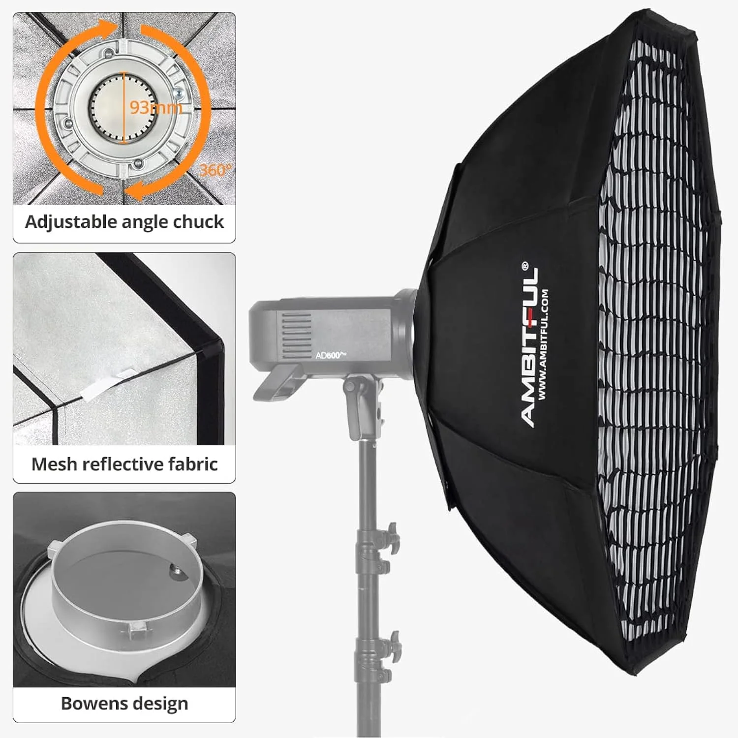 Zell Electronics Zell Fw95 95Cm Octagon Honeycomb Grid Bowens Softbox, With Honeycomb Grid + Carrying Bag, For Bowens Mount Lamp