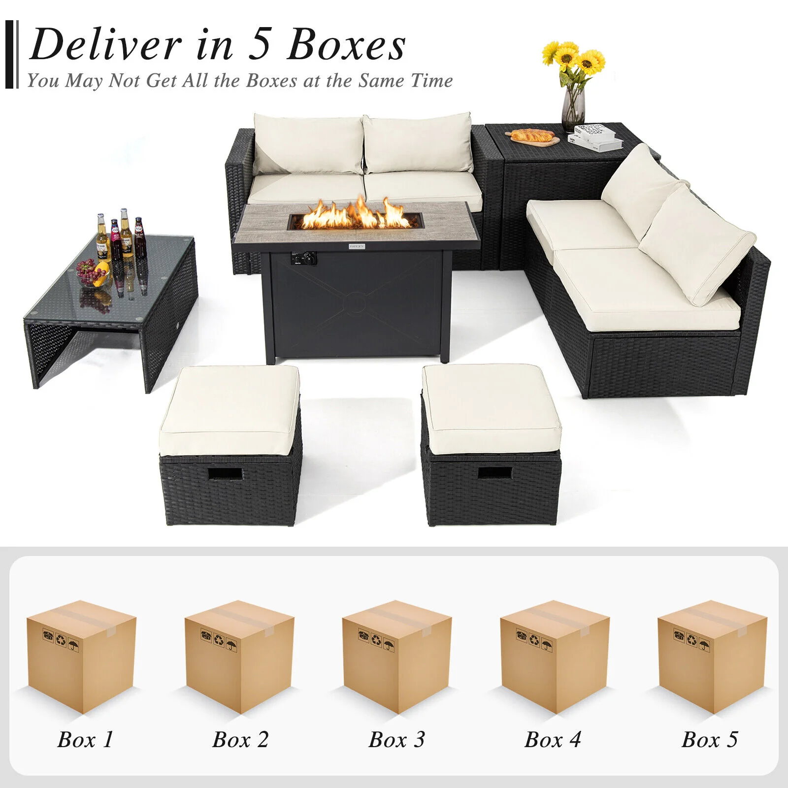 Great Choice Products 9Pcs Patio Rattan Furniture Set Space Saving 42” Fire Pit Table Cover Off White