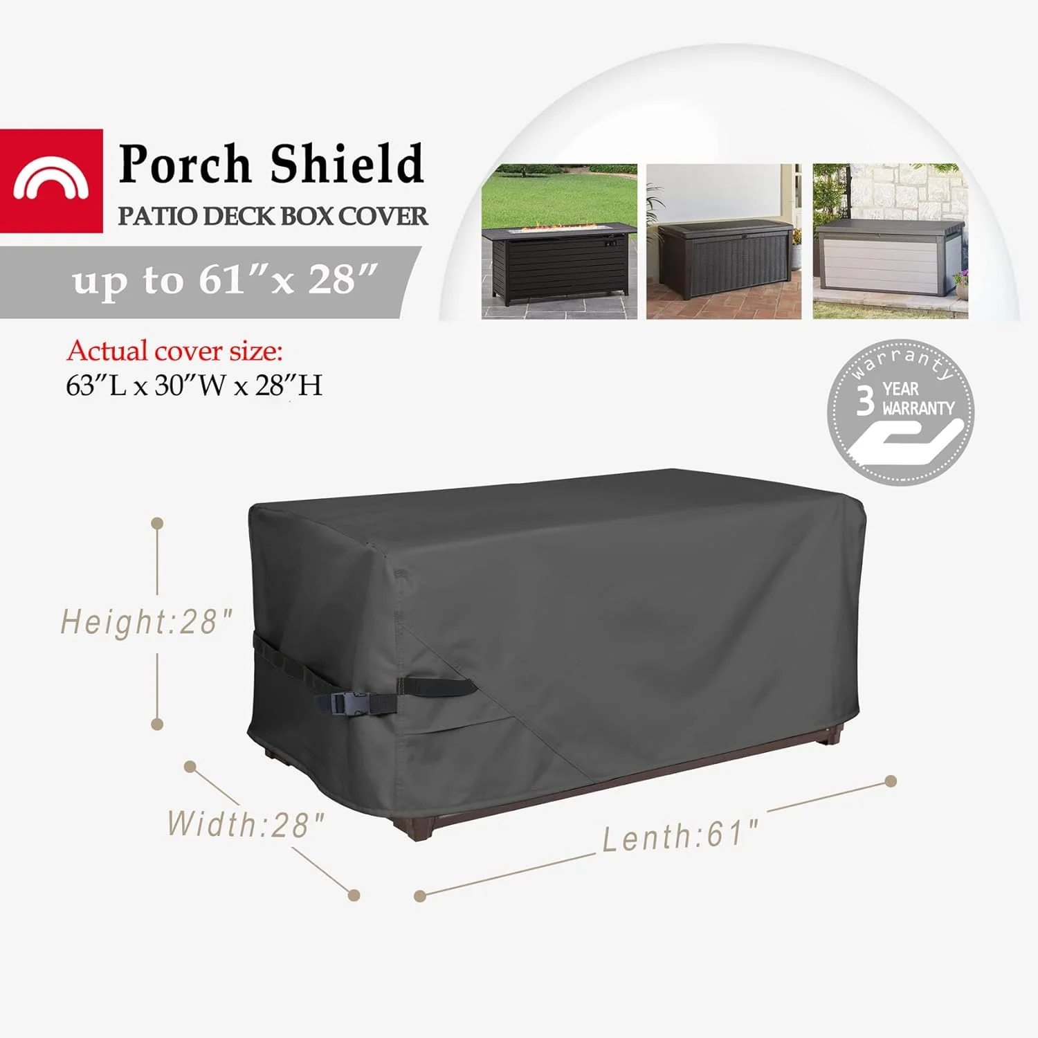 Porch Shield Patio Deck Box Storage Cover - Outdoor Waterproof 600D Rectangular Fire Pit Table Covers 61 x 28 inch, Black