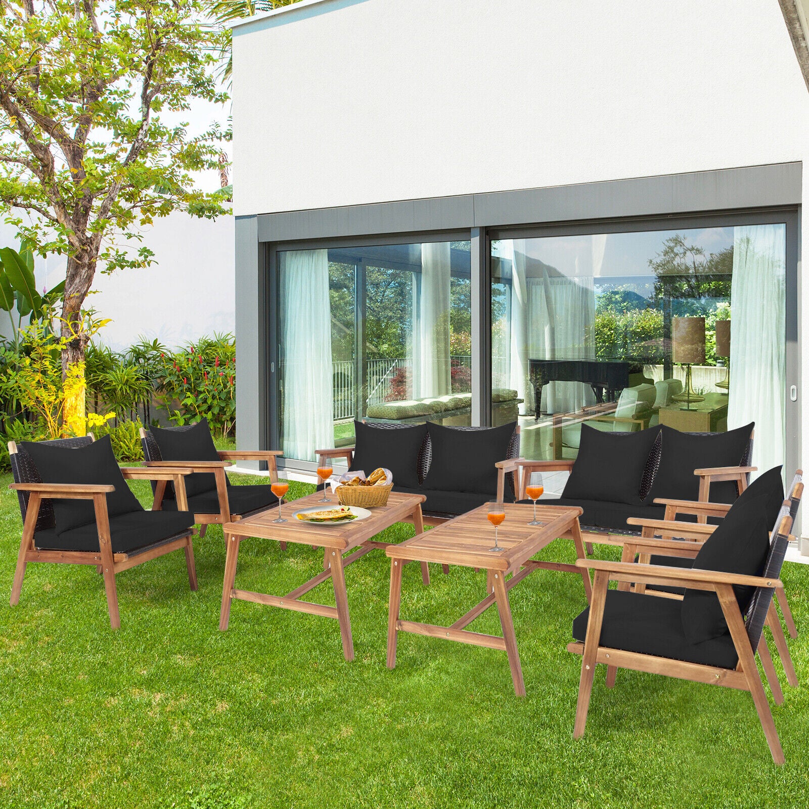 Great Choice Products 8Pcs Patio Rattan Furniture Set Wooden Cushioned Sofa W/Black &a; Turquoise Cover