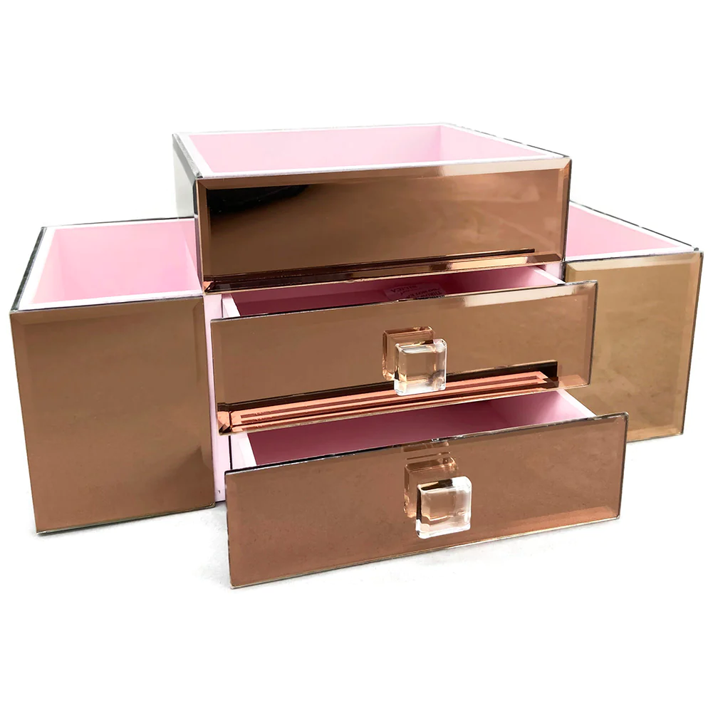 Vandue OnDisplay Emma 2 Drawer Tiered Mirrored Glass Makeup/Jewelry Organizer (Rose Gold)
