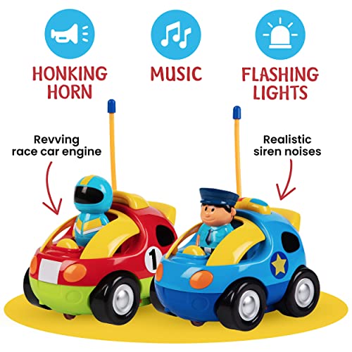 Prextex 2 Pack Cartoon Remote Control Cars - Police Car and Race Car - Radio Control Toys for Kids, Boys, &a; Girls - Each with Different