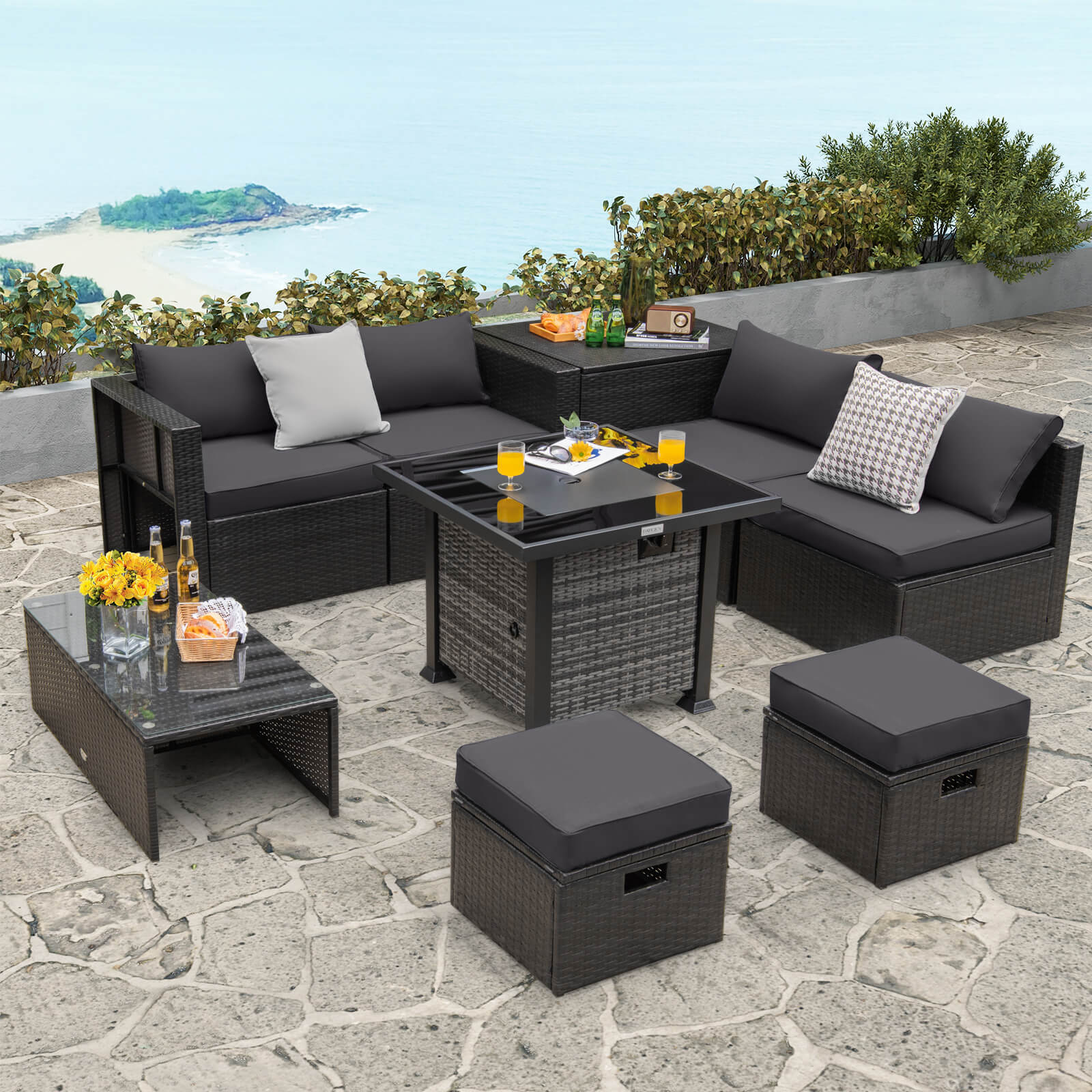 Great Choice Products 9 Pieces Patio Furniture Set With 50,000 Btu Propane Fire Pit Table Gray