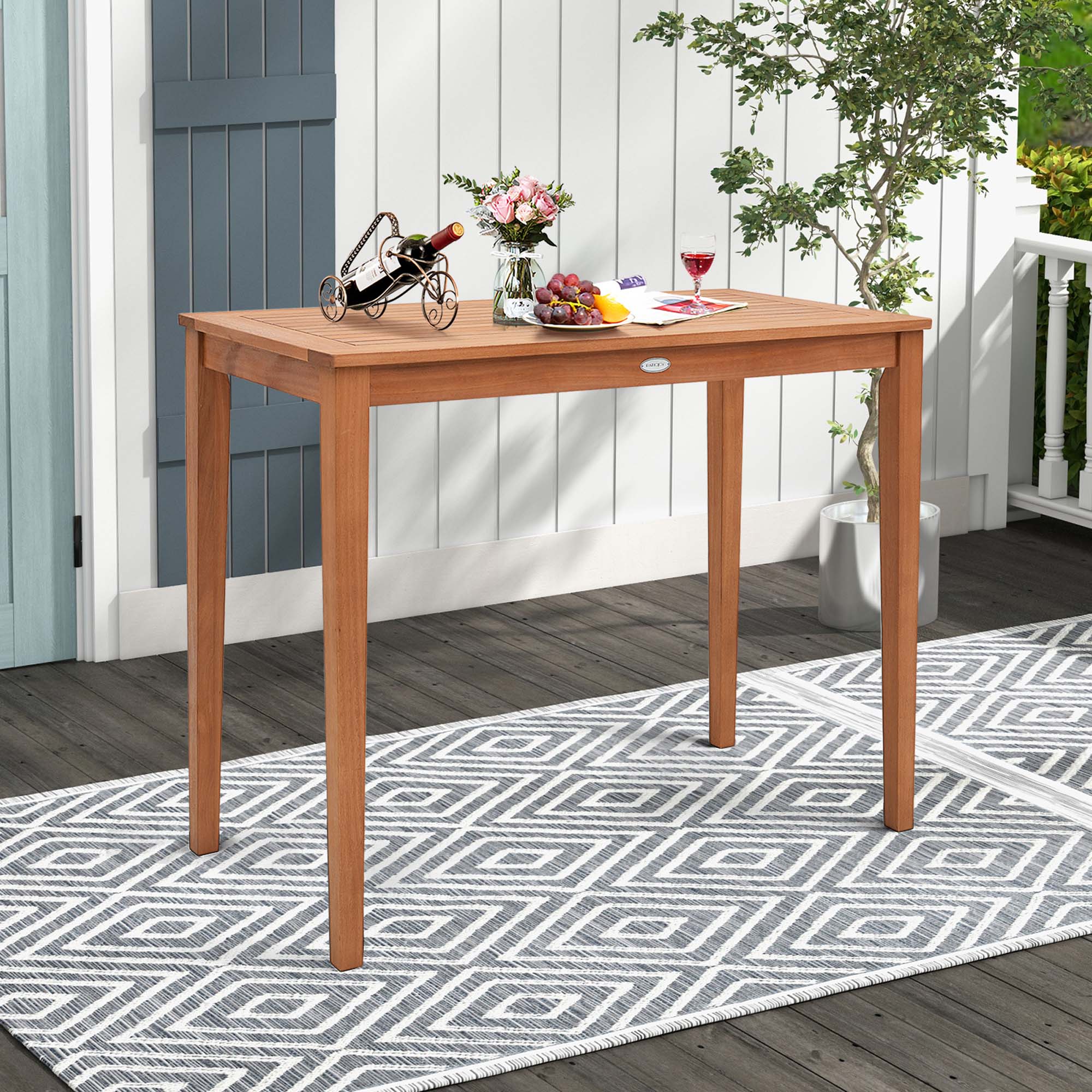 Costway Outdoor Bar Table 48&s;&s; Eucalyptus Wood Bar Height Slatted Tabletop Patio Dining