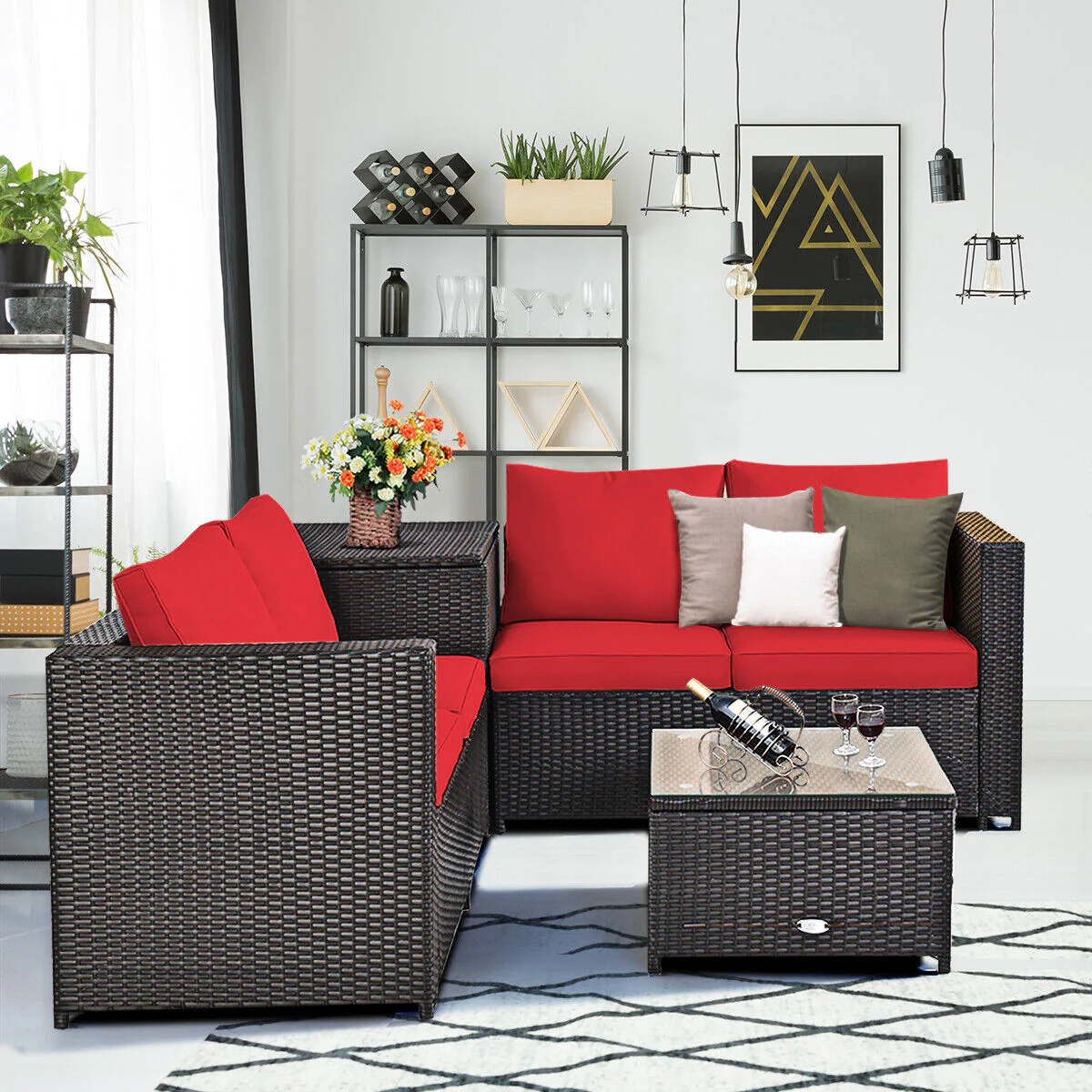 Great Choice Products 8Pcs Outdoor Patio Rattan Furniture Set Cushioned Loveseat Storage Table Red