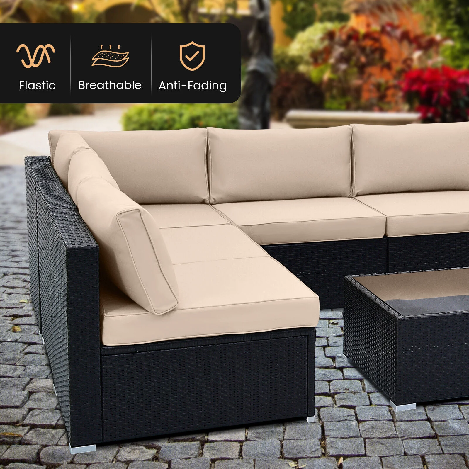 Great Choice Products 10 Pcs Patio Rattan Furniture Set Outdoor Wicker Sofa Table Cushioned Seat Beige
