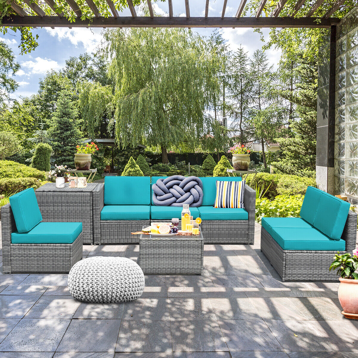 Great Choice Products 8 Pcs Wicker Sofa Rattan Furniture Set Patio Furniture W/Storage Table Turquoise