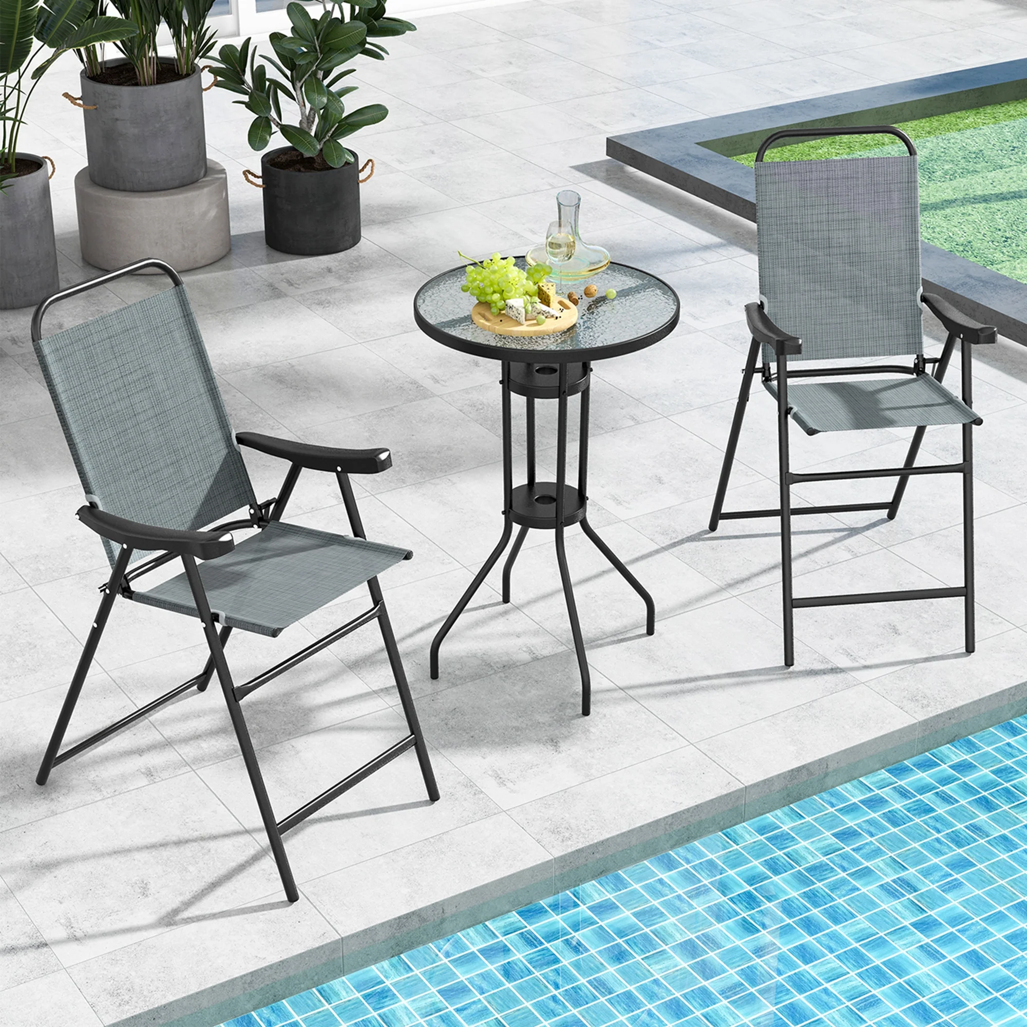 Costway 2 PCS Patio Bar Chair Folding Bar Height Metal Frame with Footrest Garden Blue/Coffee
