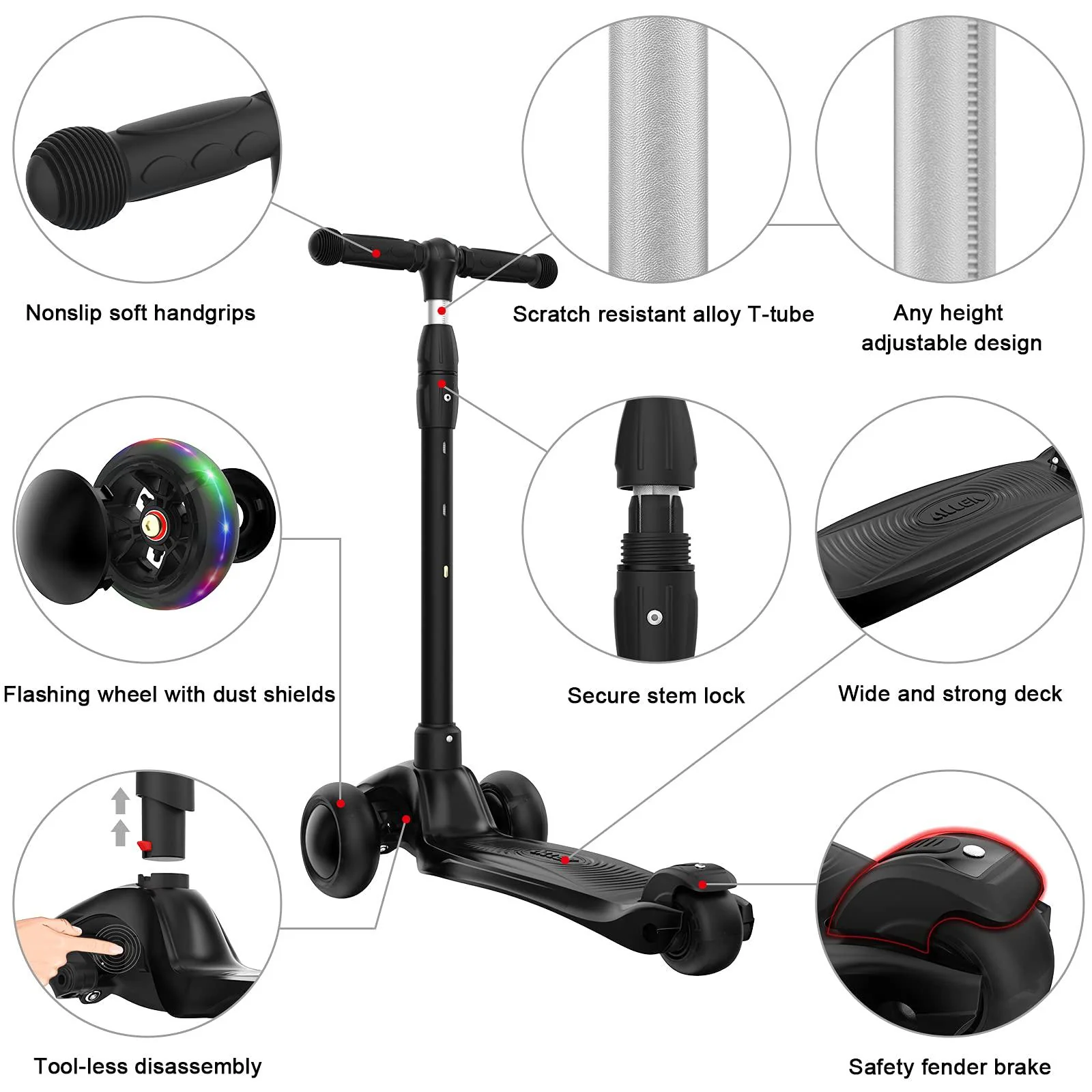 allek kick scooter b03, lean &s;n glide 3-wheeled push scooter with extra wide pu light-up wheels, any height adjustable handle