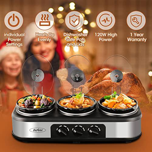 SUNVIVI OUTDOOR slow cooker, triple slow cooker buffet server 3 crock food warmer pot , 3-section 1.5-quart oval slow cooker buffet food warm