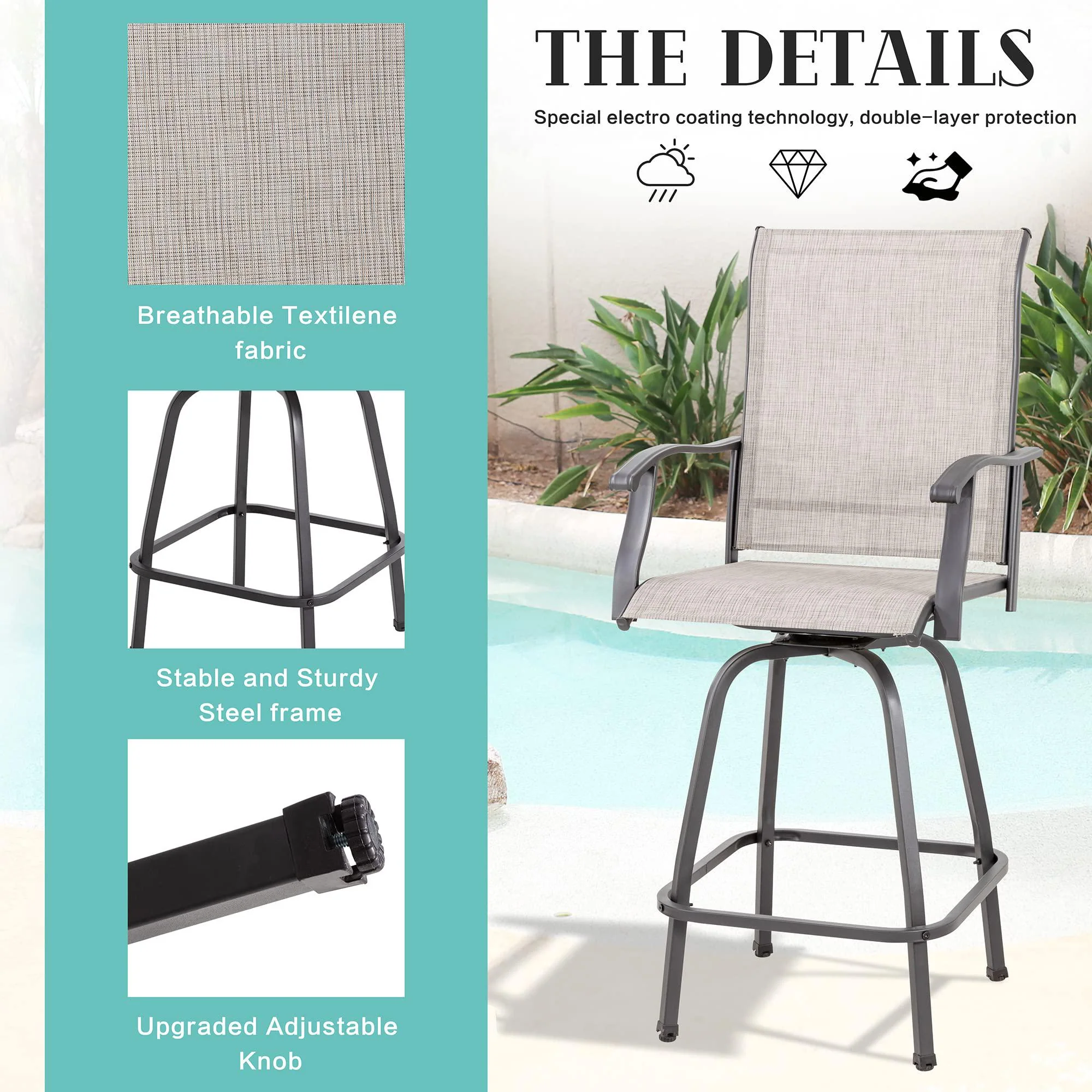 vongrasig 3 piece patio swivel bar set, all weather mental textilene high swivel bar stools chair set of 2 and high glass bar