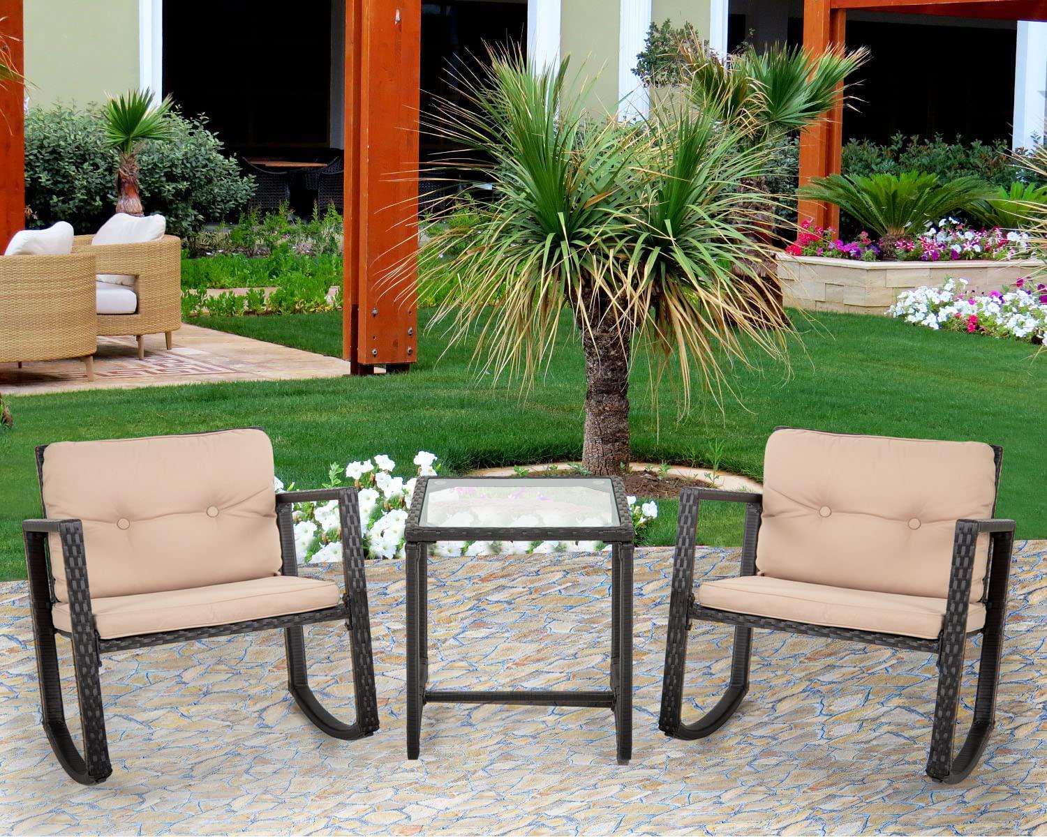 BestMassage patio furniture set 3 piece wicker outdoor rocking chairs front porch furniture rattan chair bistro set with coffee table and