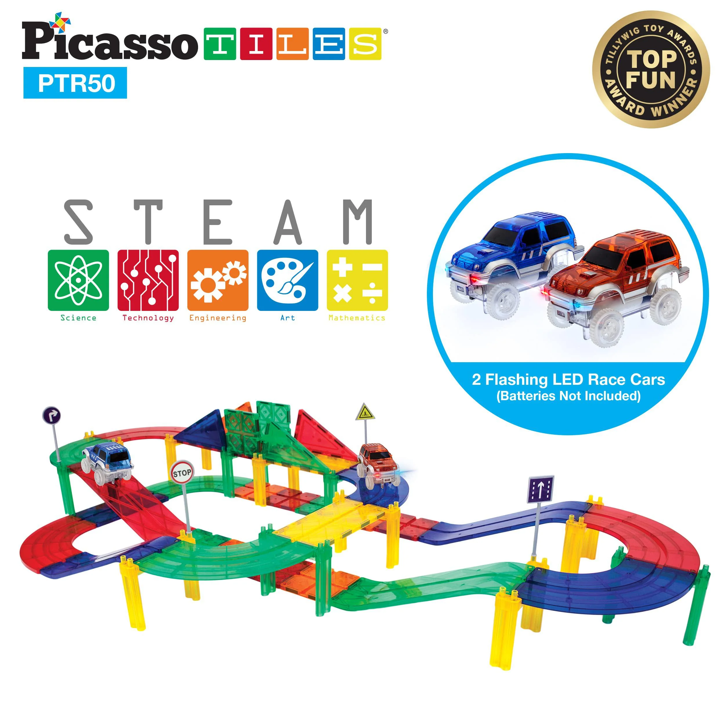 picassotiles 50 piece race car track building block educational toy set magnetic tiles magnet diy playset 2 light up car stem