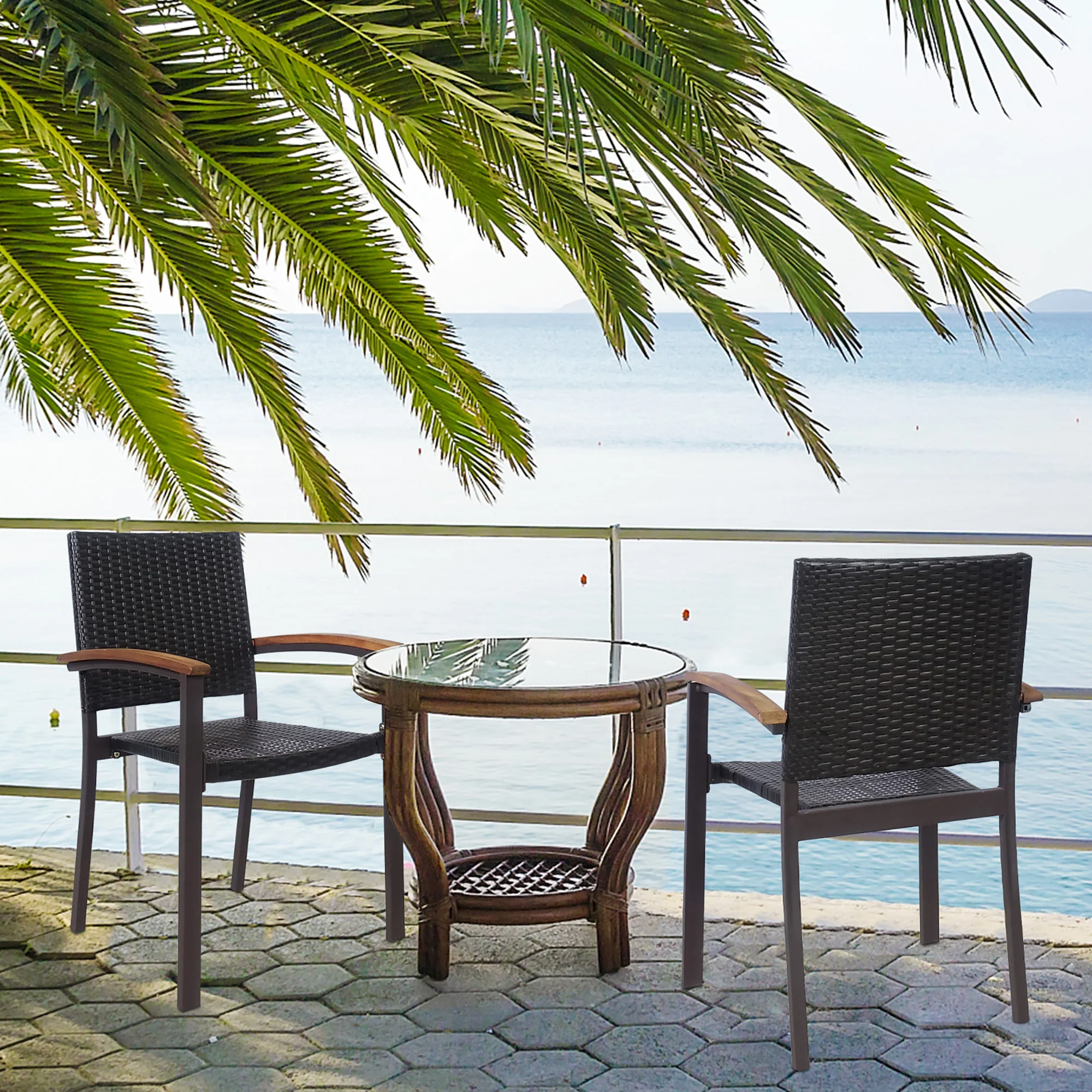 Costway Set of 2 Outdoor Patio PE Rattan Dining Chairs Armrest Stackable Garden