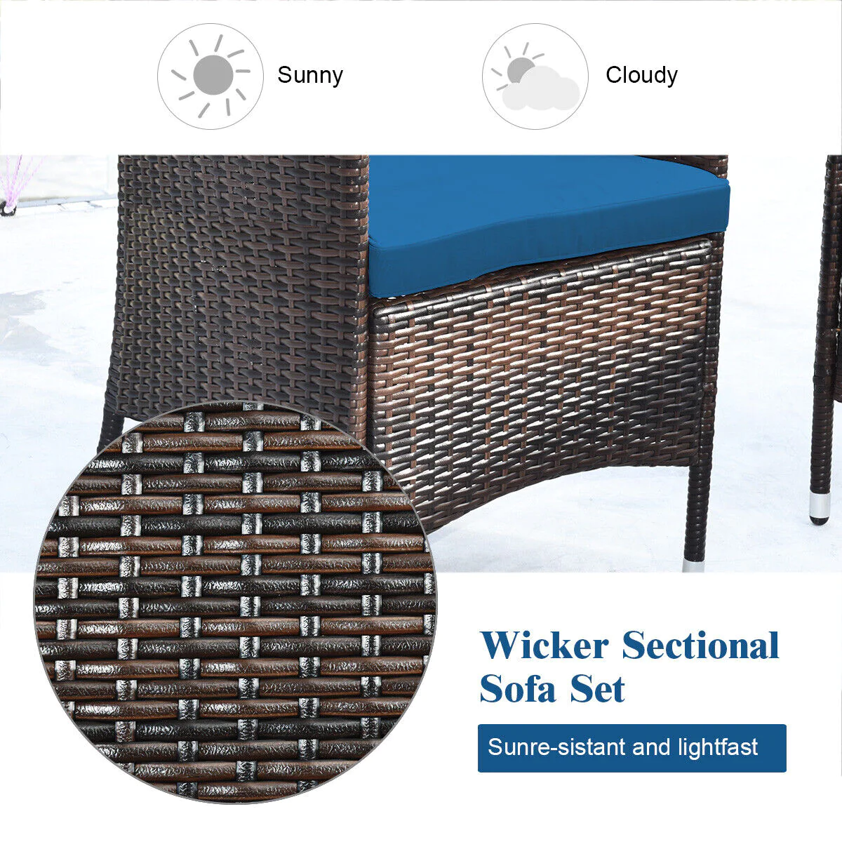 Great Choice Products 8Pcs Rattan Patio Furniture Set Cushioned Sofa Chair Coffee Table Peacock Blue