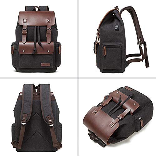 Lacattura Vintage Leather Backpack for Men and Women, Denim Canvas School Bookbag College Travel Laptop Rucksack Vegan Daypack -