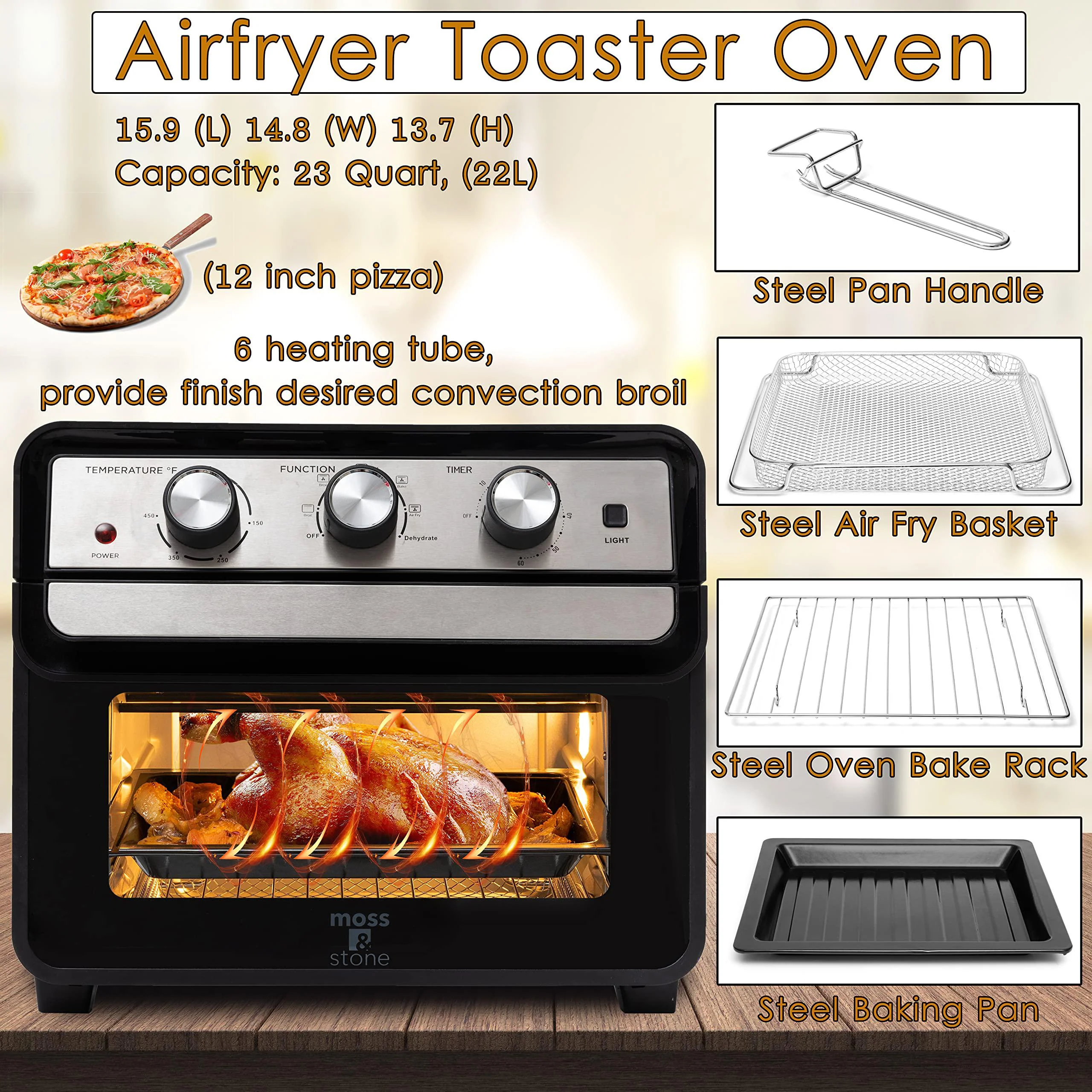 Moss &a; Stone air fryer oven, 6-in-1 toaster oven 23 quart, airfryer toaster oven for roast, bake, broil, stainless steel accessories inclu