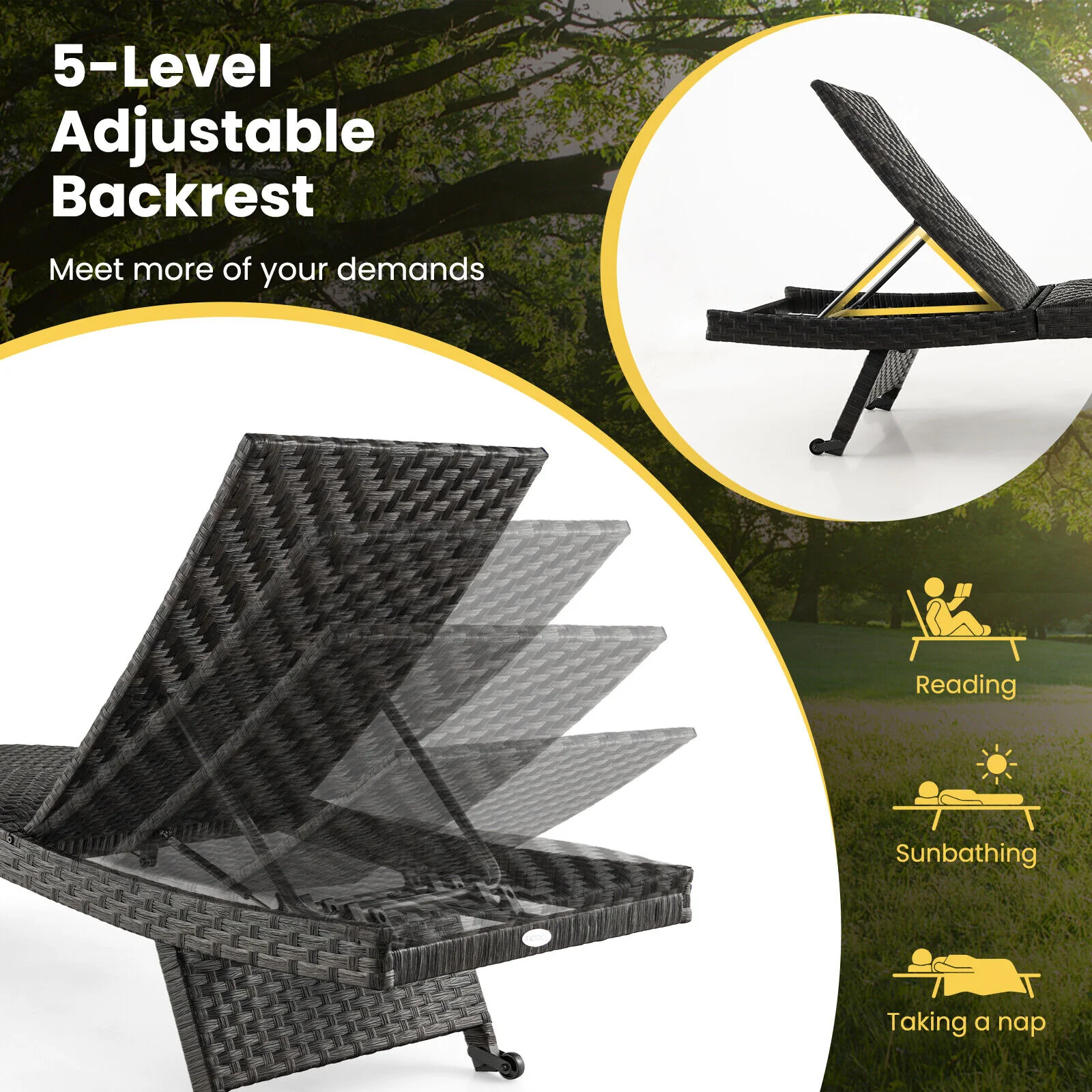 Great Choice Products 2Pcs Folding Patio Chaise Lounge Chair Outdoor Rattan Adjustable Recliner Wheels