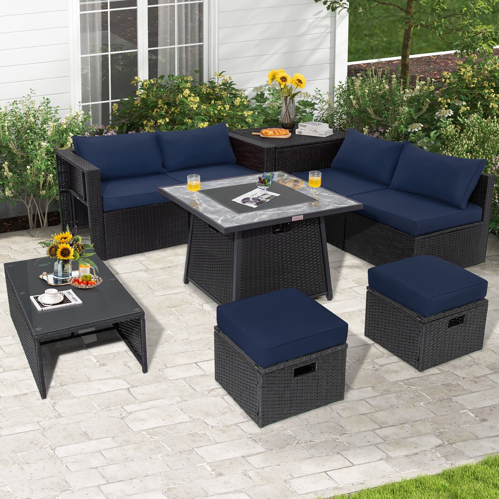 Great Choice Products 9Pcs Patio Wicker Furniture Set Fire Pit Space-Saving Storage W/Cover Navy