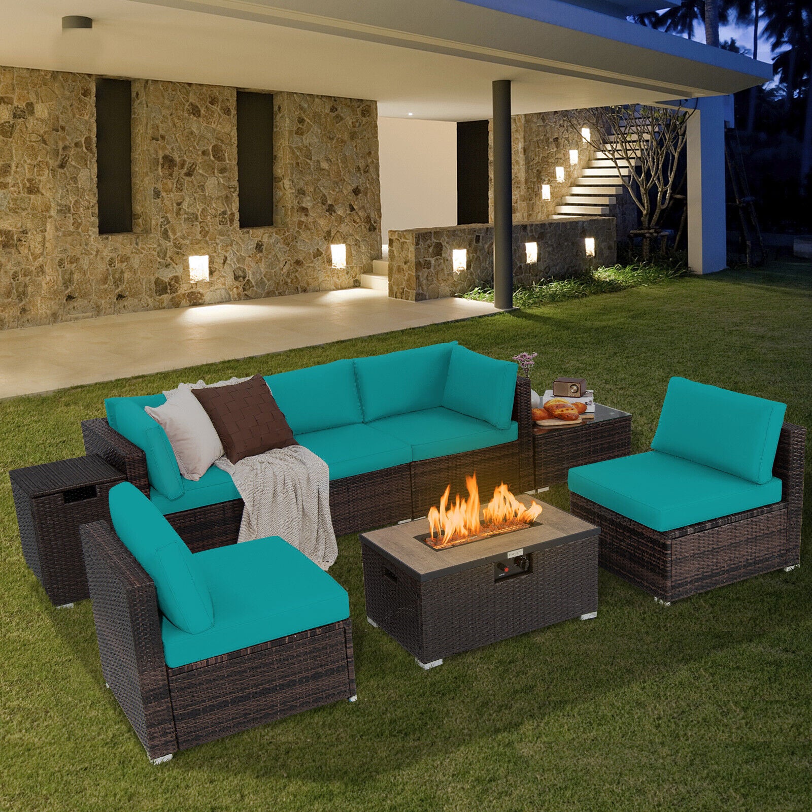 Great Choice Products 8Pcs Patio Rattan Furniture Set Fire Pit Table Tank Holder Cover Deck Turquoise