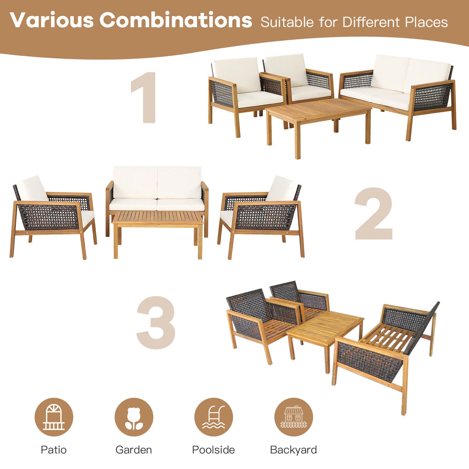 Great Choice Products 8Pcs Patio Rattan Furniture Set Acacia Wood Cushioned Sofa Off White