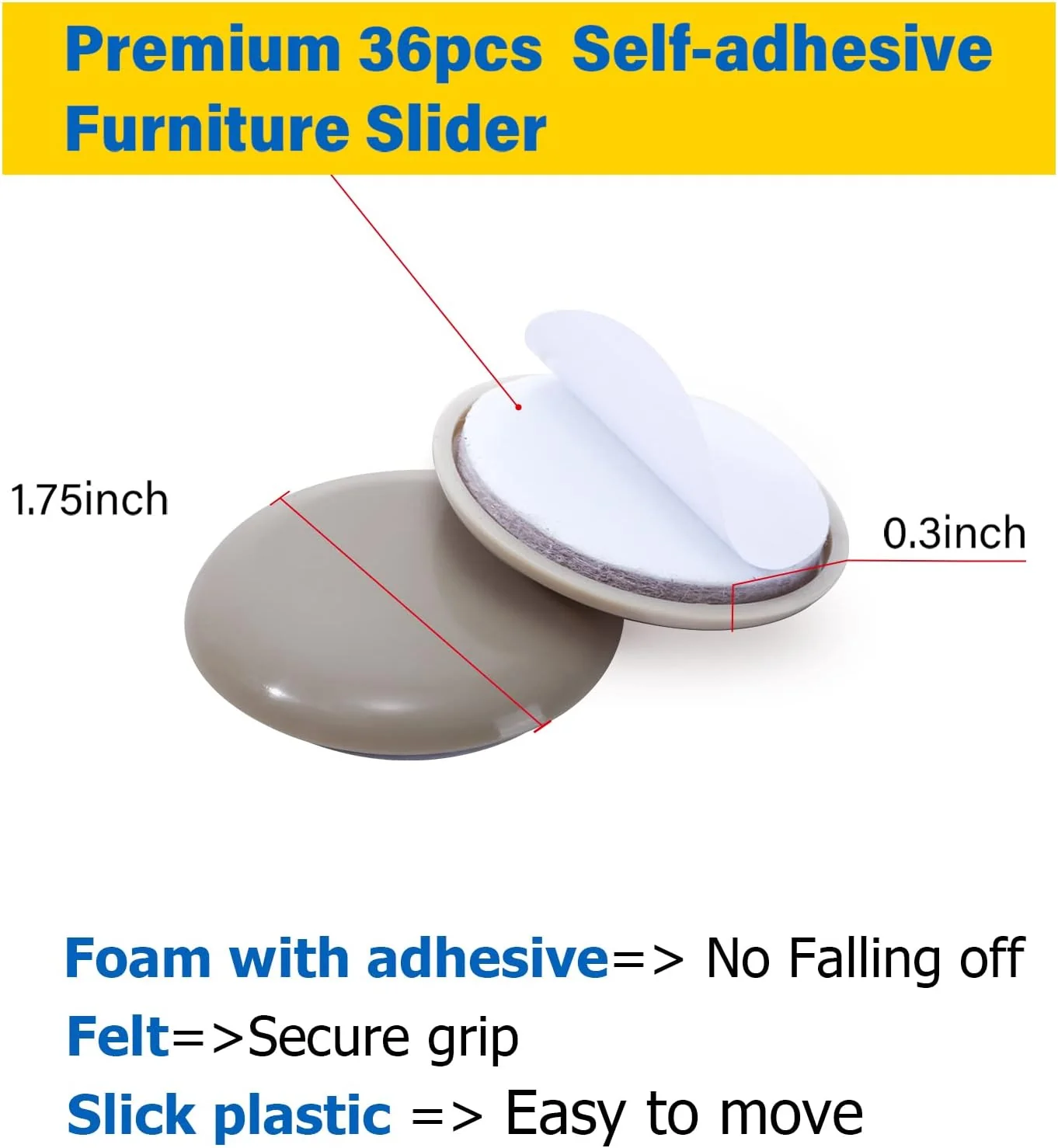 Kayzn Self-Adhesive Furniture Sliders for Carpets, Furniture Moving Pads (36Pcs) 1-3/4
