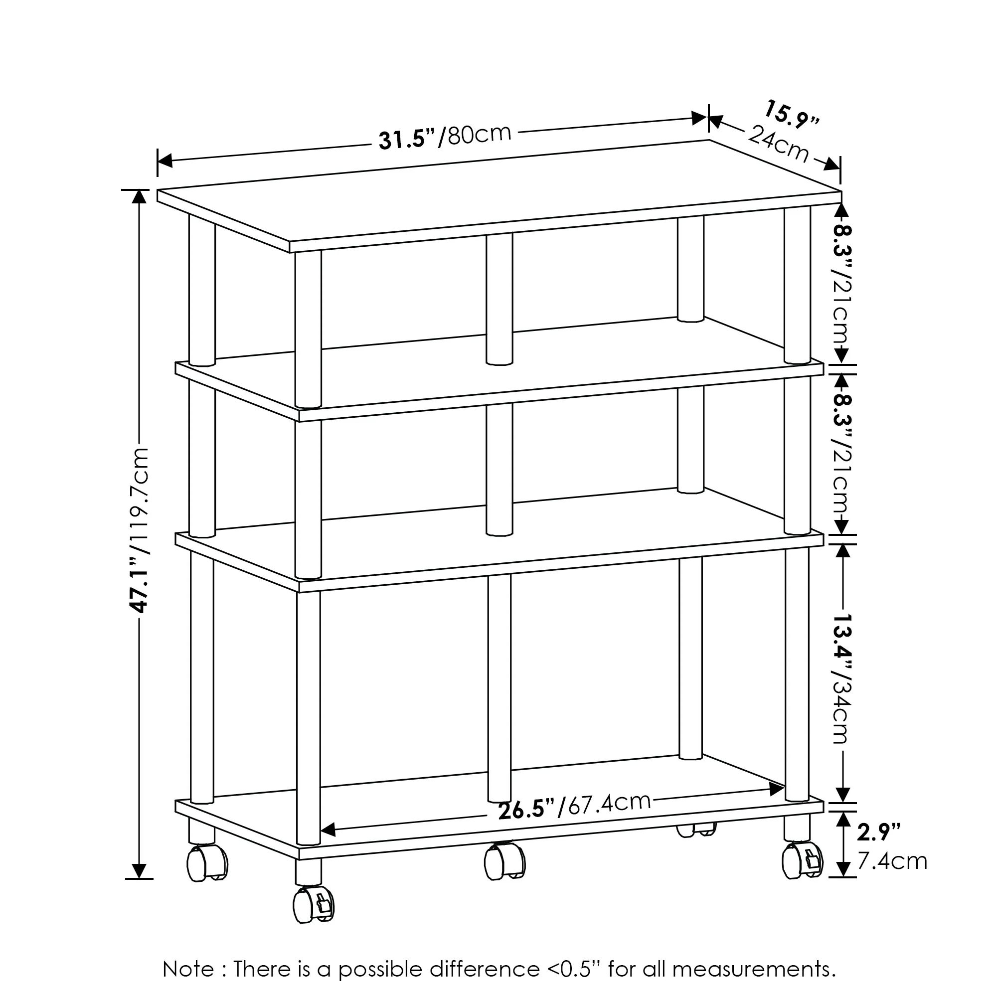Korsch Furinno Helena 4-Tier Rolling Kitchen Island on wheels, Columbia Walnut/Black