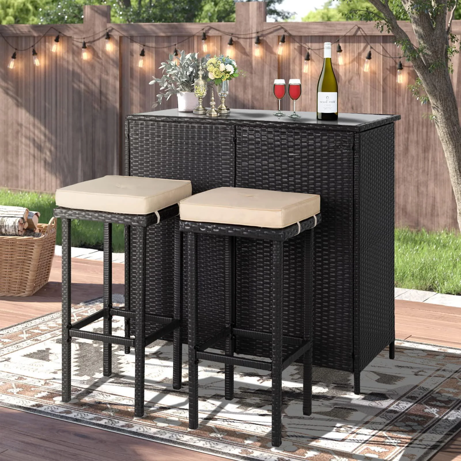 incbruce 3-piece patio bar set - two stools with beige cushions and one table with a glass top, all-weather outdoor brown wic