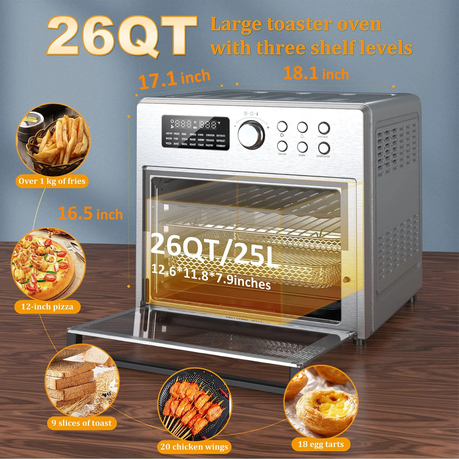lovmor 26 quart air fryer oven with 9 accessories,21-in-1 smart large airfryer,countertop convection toaster ovens for rotiss