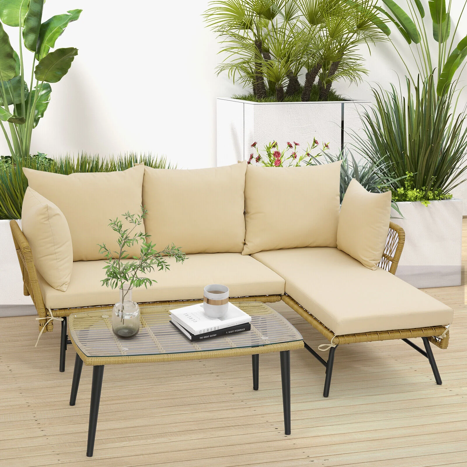 Great Choice Products 3 Pcs L-Shaped Patio Sofa Set Conversation Furniture With Cushions Deck Garden