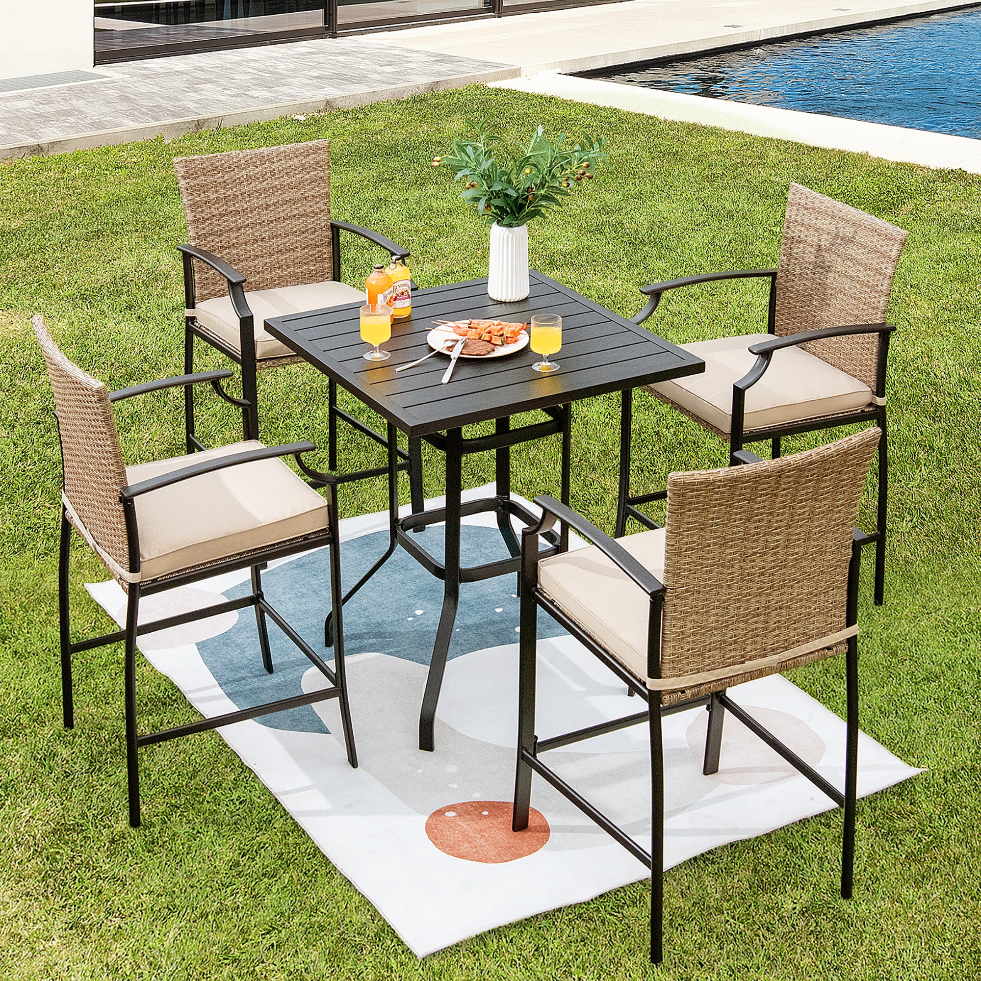 Costway 4PCS Patio Rattan Bar Stool Chairs Cushioned Seat Footrest &a; Armrest