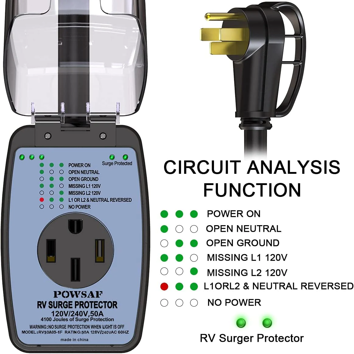 POWSAF rv Surge Protector 50 amp with Waterproof Cover, rv Power Defender Voltage Protector/Monitor with Surge Protection(4100 Joules)