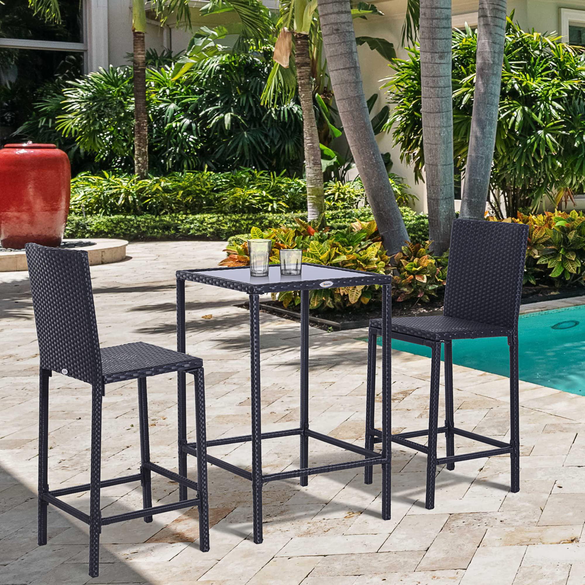 outsunny 3pcs rattan bar set with glass top table, 2 bar stools for outdoor, patio, garden, poolside, backyard