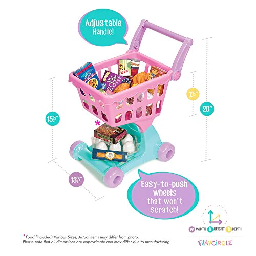 Play Circle by Battat – Pink Shopping Day Grocery Cart – Toy Shopping Cart with Pretend Play Food Items – Realistic Kitchen Acce