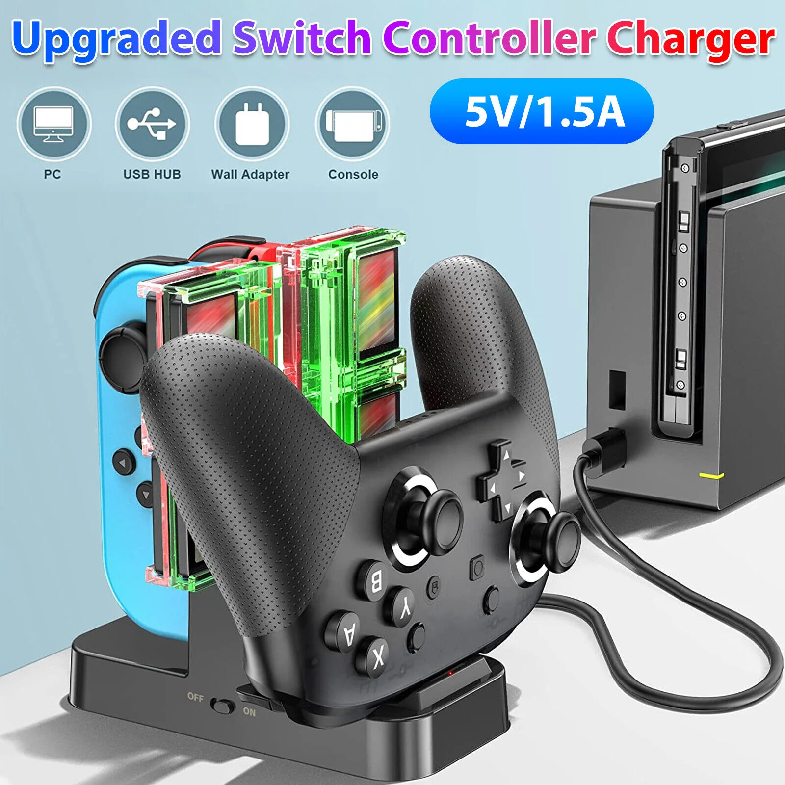 GCP Products Charging Dock Joy-Con Charger Stand W/8 Game Solt For Nintendo Switch Controller
