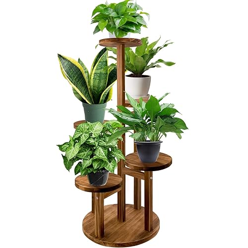 TDZWIN Plant Stand For Indoor Plants Multiple, 5 Tier Wood Tiered Corner Tall Plant Stands For Living Room Balcony Garden Patio(