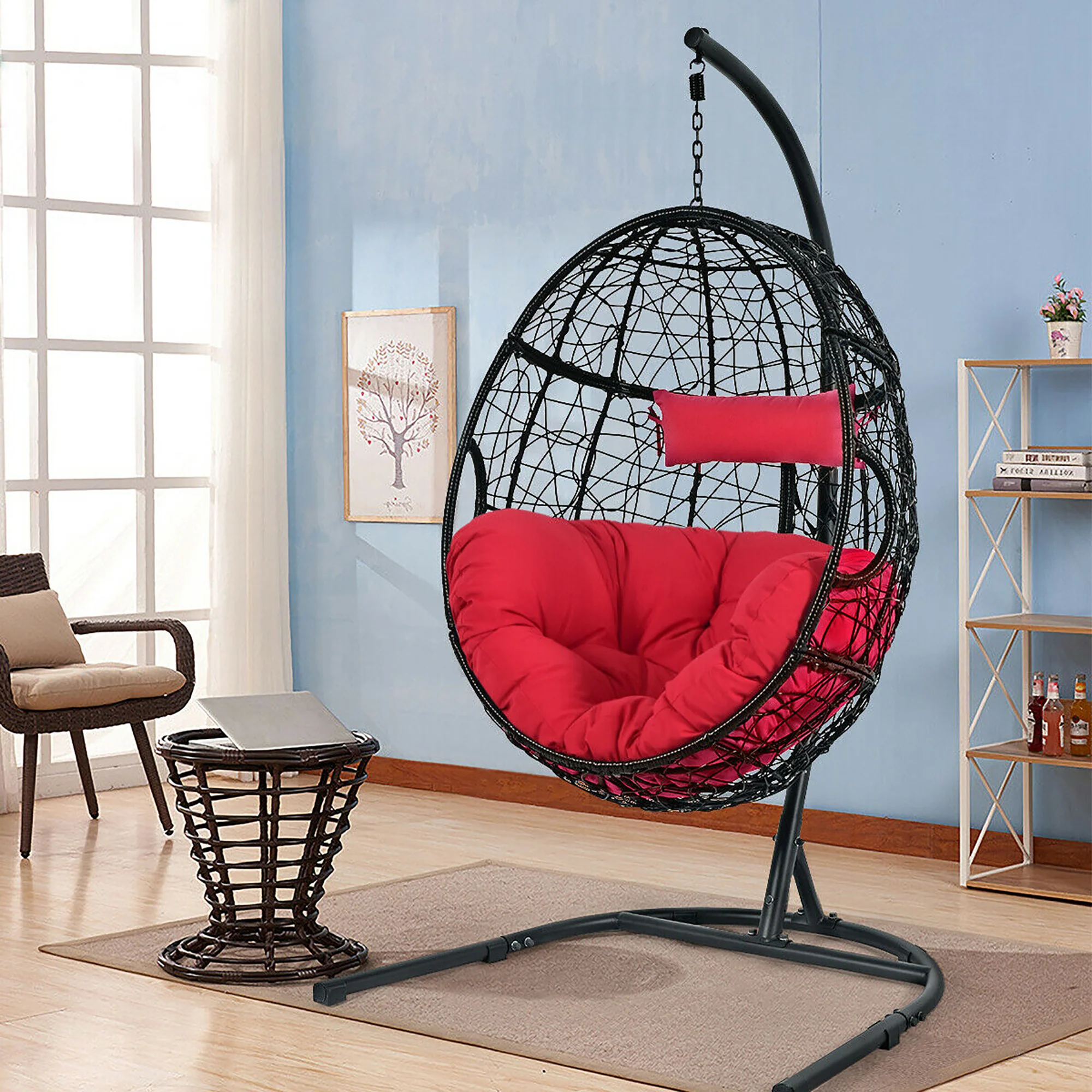 Costway Hammock Chair with Stand Hanging Cushioned Swing Egg Chair for Indoor Blue\Red