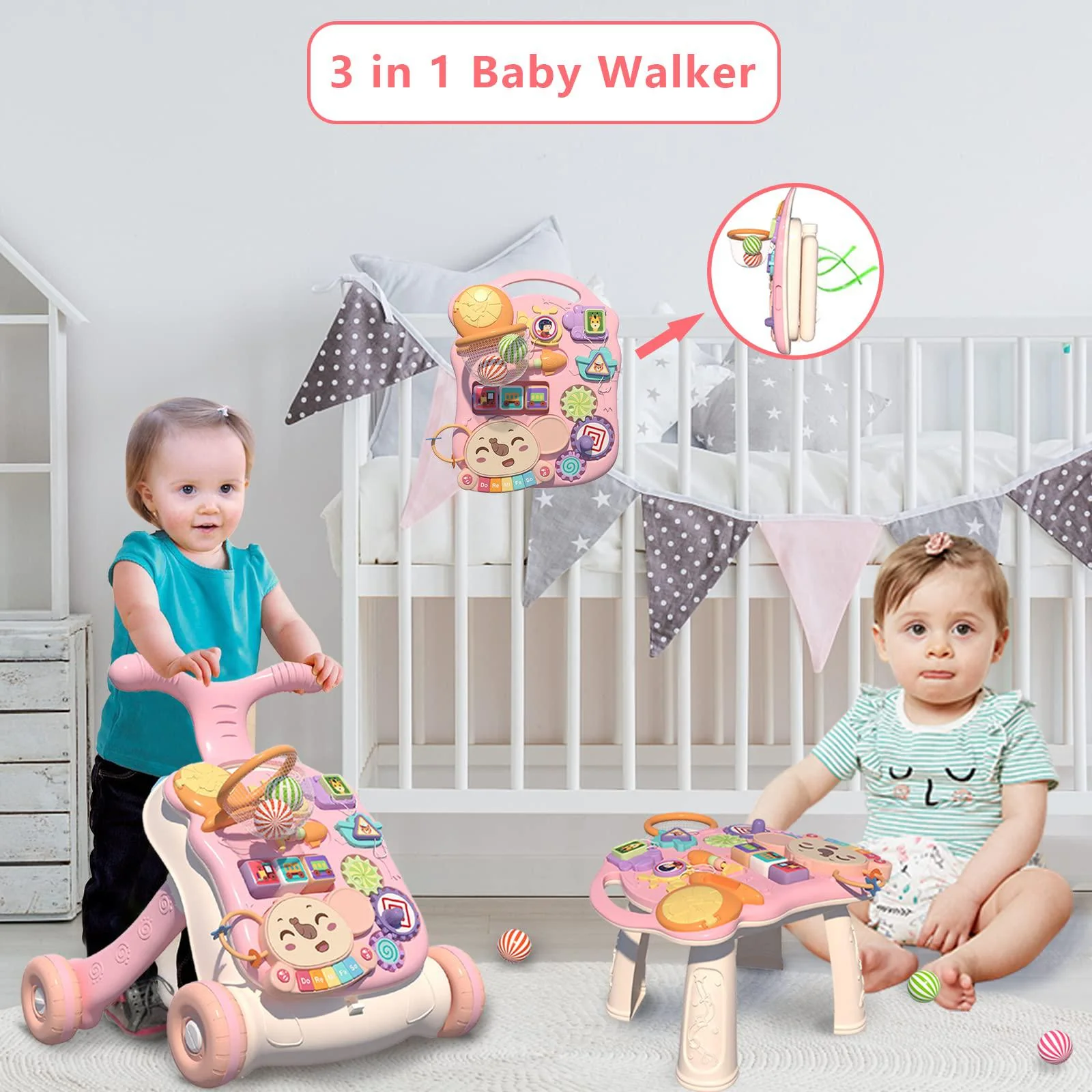 qdragon 3 in 1 baby walker and activity center for baby girl,toddler, learning to walk, sit to stand, early learning push toy