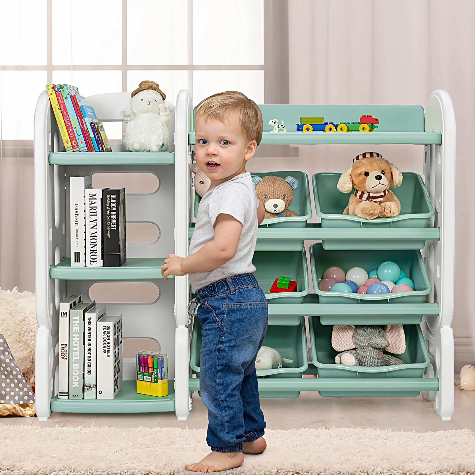 Costway Kids Toy Storage Organizer w/Bins &a; Multi-Layer Shelf for Bedroom Playroom Green