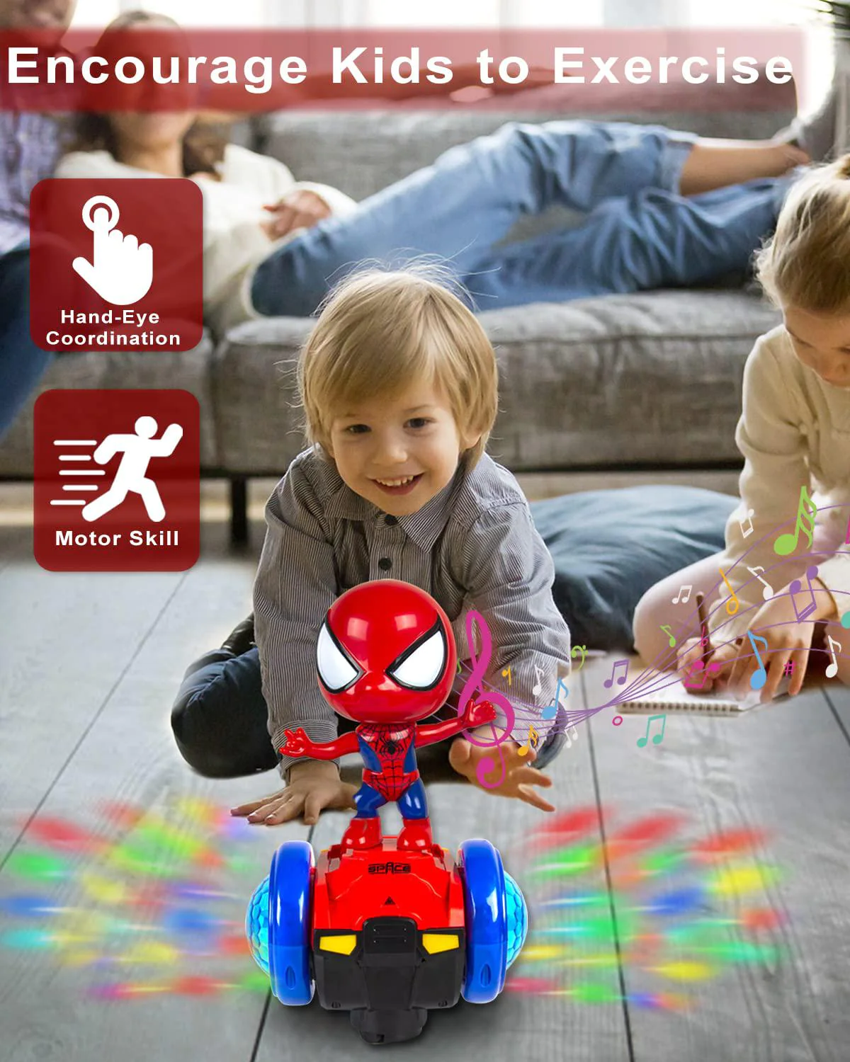 DUEMZETO dancing robot toys for kids, 360 spin interactive electric car toys, with colorful flashing lights &a; music, avoid obstacles a