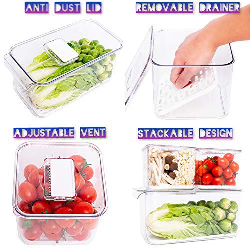 wavelux produce saver containers for refrigerator, food fruit vegetables storage, 3 piece stackable fridge freezer organizer,