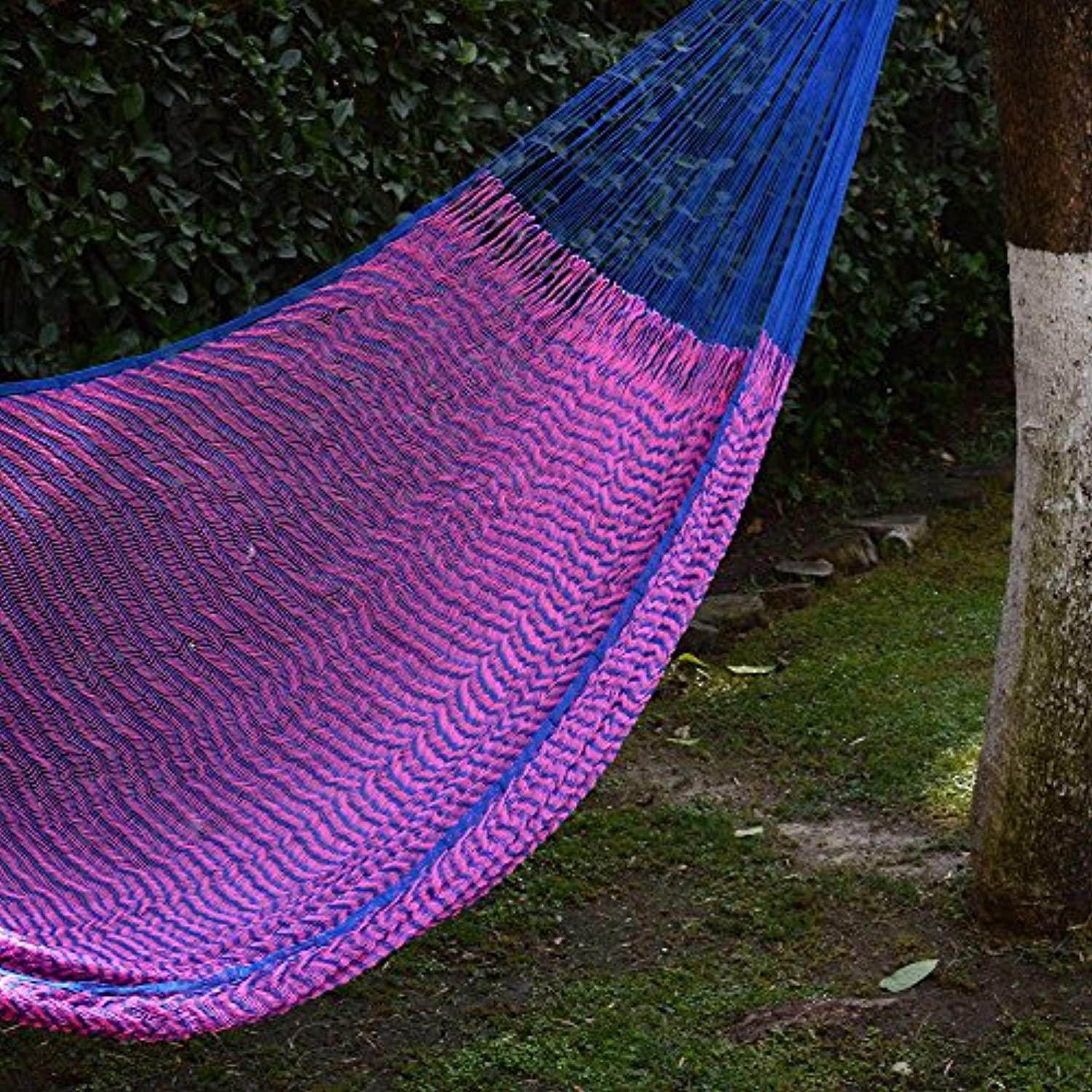 novica bright pink blue hand woven nylon mayan 2 person xl rope hammock with hanging accessories, berry blossom&s; (double)