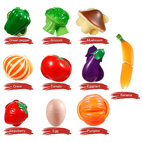 Tigerhu 26 Pieces Cutting Pretend Play Food Toys Play Kitchen Accessories Pots and Pans Set, Cooking Utensils, Apron &a; Chef Hat