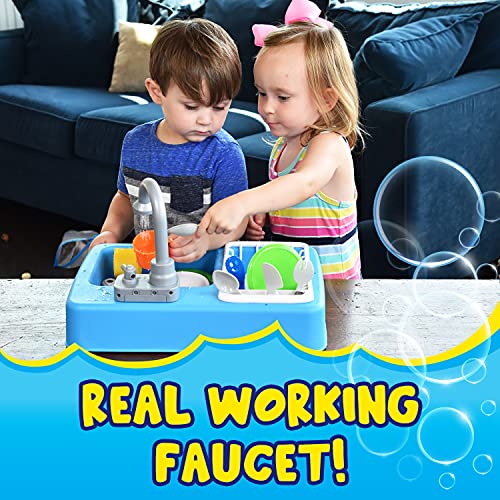 Sunny Days Entertainment Kitchen Sink Play Set with Running Water – 20 Piece Pretend Play Toy for Boys and Girls | Kids Kitchen
