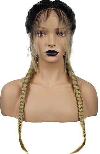 ANOGOL Hair Cap+ Braided Lace Front Wig with Braids Black Ombre Blonde Heat Resistant Synthetic Wigs with Baby Hair Pre-Plucked