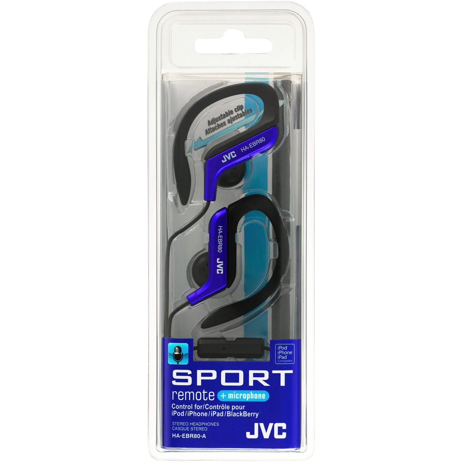 JVC Kenwood HA-EBR80A Adjustable Ear Clip Headphones for Sports with Mic and Remote - Blue