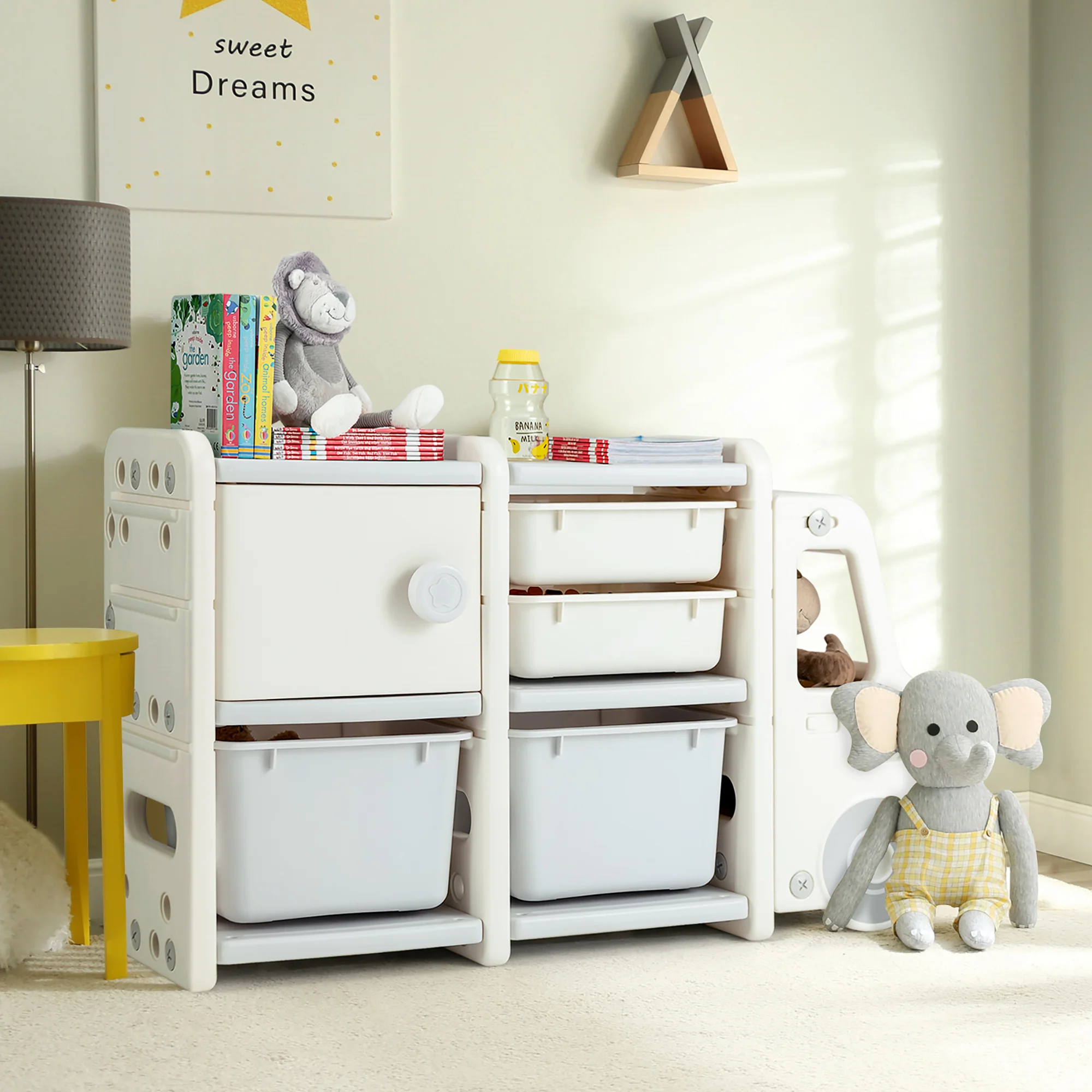 Costway Kids Toy Storage Organizer Toddler Playroom Furniture w/ Plastic Bins Cabinet Gray
