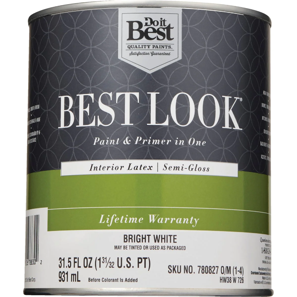 Best Look SIM Supply, Inc. HW38W0726-14 Best Look Latex Premium Paint &a; Primer In One Semi-Gloss Interior Wall Paint, Bright White, 1 Qt.