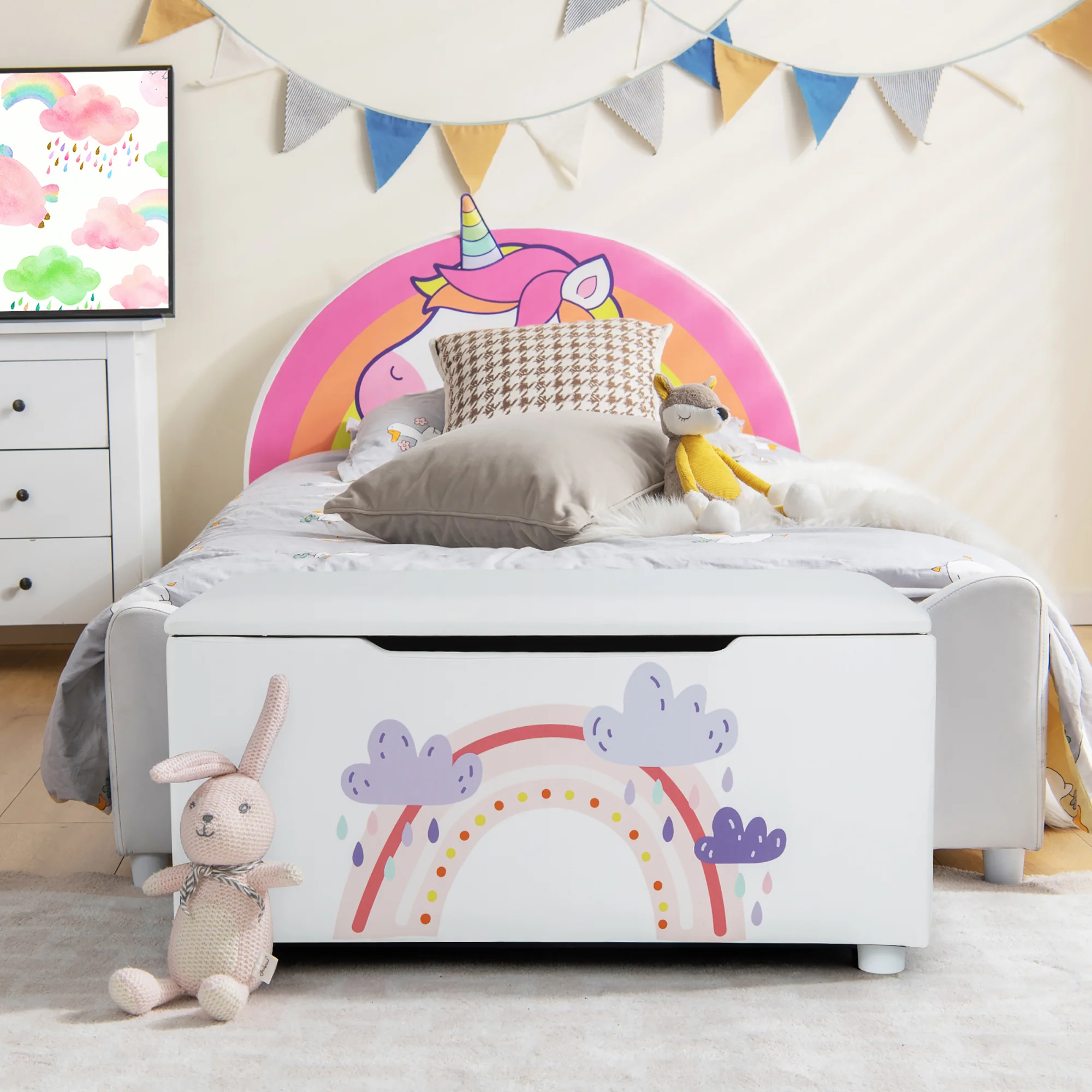 Costway Kids Upholstered Storage Ottoman Bench Versatile Toy Chest Footrest Stool with  Lid White